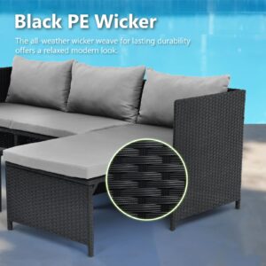 Olaterior 3 Piece Patio Furniture Set, Outdoor Sectional Sofa, All-Weather Black PE Wicker Rattan Patio Conversation Set with Cushion & Coffee Table, Modern Outdoor Couch for Lawn Porch Backyard, Grey