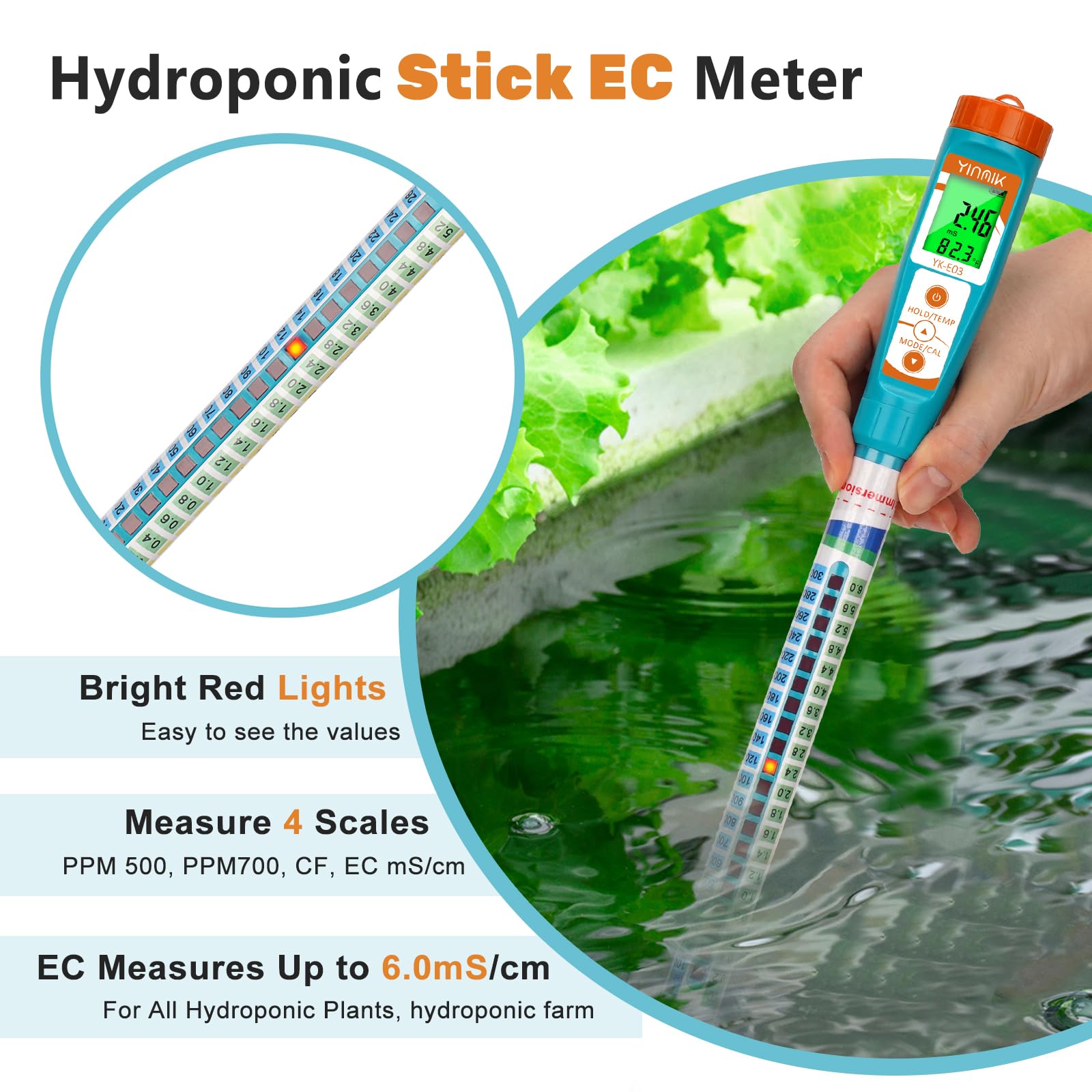 YINMIK Truncheon EC PPM Nutrient Meter for Hydroponic, Conductivity Tester Stick for Hydroponics Growing PPM Measuring Tool (EC, PPM 500, PPM 700, CF, Temp) for Nutrient Reservoir, Aquaponics, DWC