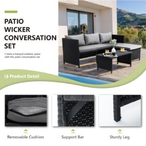 Olaterior 3 Piece Patio Furniture Set, Outdoor Sectional Sofa, All-Weather Black PE Wicker Rattan Patio Conversation Set with Cushion & Coffee Table, Modern Outdoor Couch for Lawn Porch Backyard, Grey