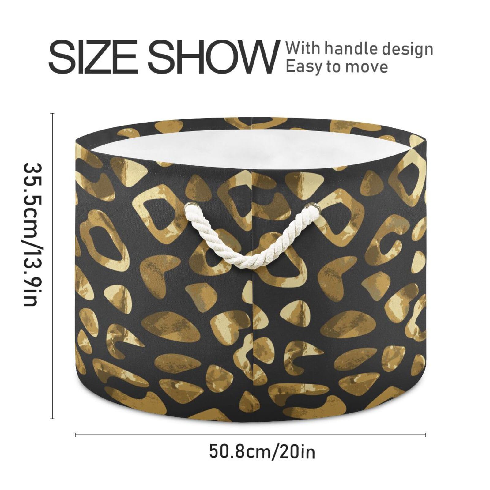 Krafig Gold Leopard Print Pattern Round Collapsible Storage Basket, Large Toy Storage, Laundry Baskets, Open Home Storage Bins for Toy Organizer, Home Decor, Clothes, Toys