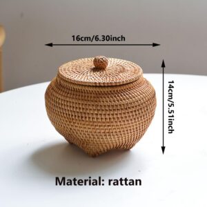 Rattan Box with Lid, 6.3x5.5 Inch Rattan Basket, Hand-Woven Round Woven Basket, Desktop Decorative Box Small Wicker Basket with Lid, Round Woven Seagrass Baskets, Little Handmade Rattan Storage