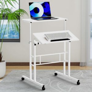 sfihome small standing desk adjustable height and angle, computer laptop desk home office sit standup desk, portable rolling desk with wheels, 2 platforms, white