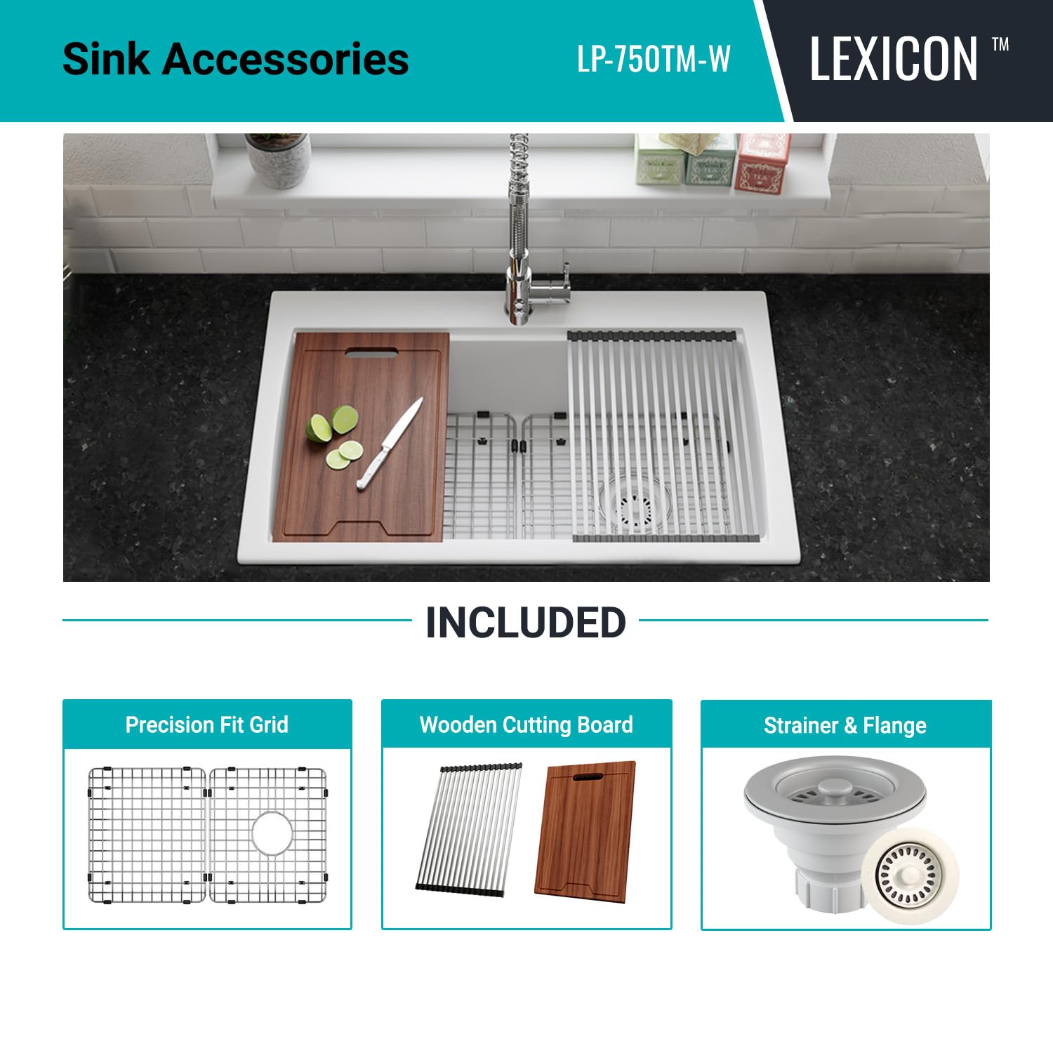 32" x 22" Workstation Sink, Single Bowl Kitchen Sinks, Drop in Kitchen Sink, Granite Composite Kitchen Sink, Quartz Undermount Sink, Galaxy White Kitchen Sink, with Grid, Strainer, Flange LP-750TM-W