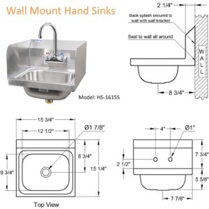 GSW HS-1615S Standard 16" x 15" Commercial Stainless Steel Wall Mount Hand Sink with Gooseneck Faucet and Side Splashguards for Restaurants, Kitchens, Garages, Bars