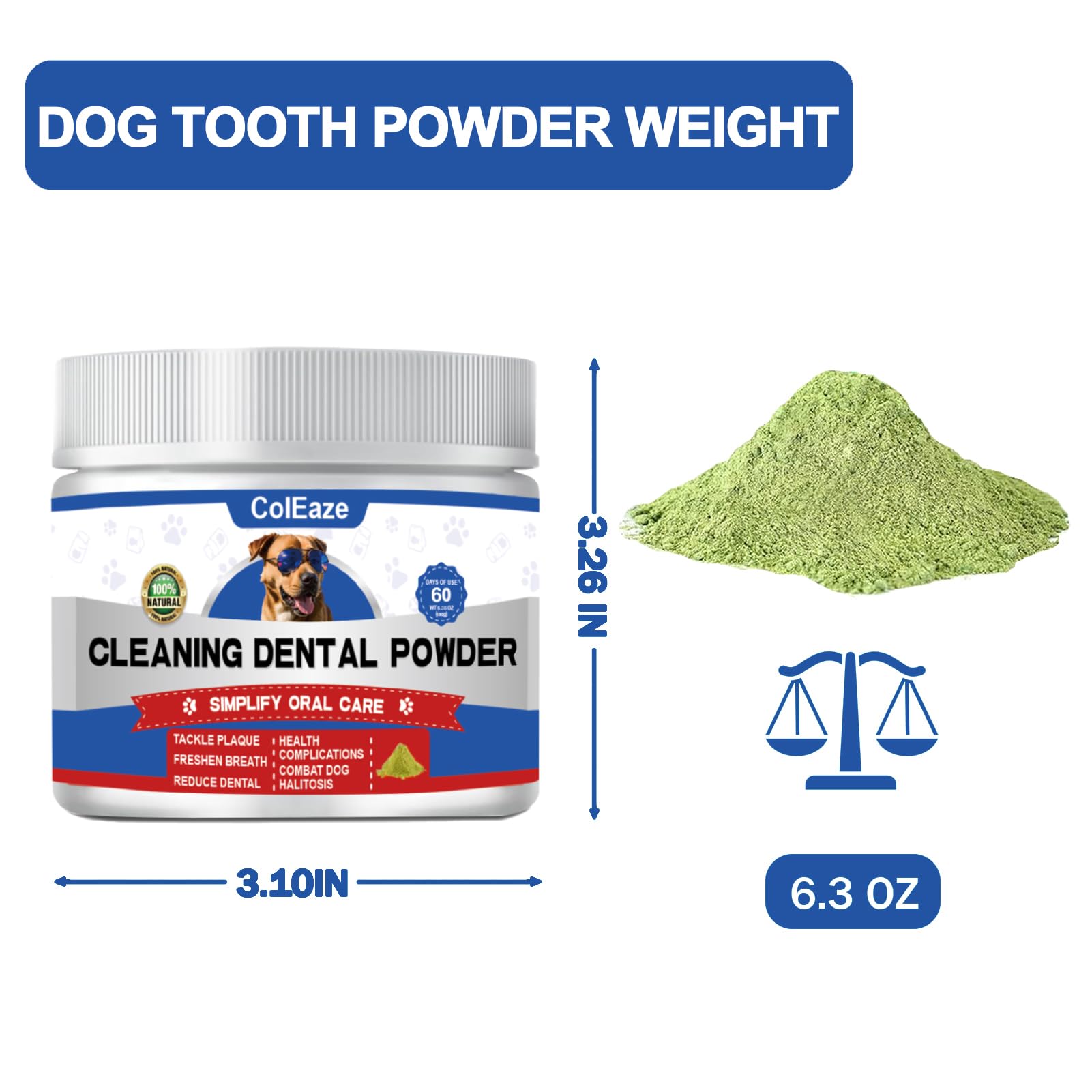 Dog Teeth Cleaning Powder, Dog Breath Freshener, Dog Dental Powder with Natural Herbal Blend, Targets Tartar, Reduces Plaque & Bad Breath, Dog Dental Care Made Easy, for All Ages, 6.35oz