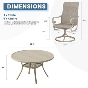 DIFY 7 PCS Patio Dining Set, Outdoor Dining Furniture Set with 47.2" Round Dining Table with Umbrella Hole & 6 Patio Swivel Curved Armrests Chairs for Yard Garden Porch Lawn, Sandshell