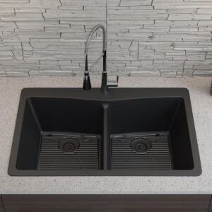 33" x 22" Quartz Kitchen Sink, Double Bowl Kitchen Sinks, Drop in sink, Undermount Sink, Galaxy Black Kitchen Sink, Double Sink Kitchen, Grids, Strainer and Flange, Lexicon Platinum LP-800TM-K