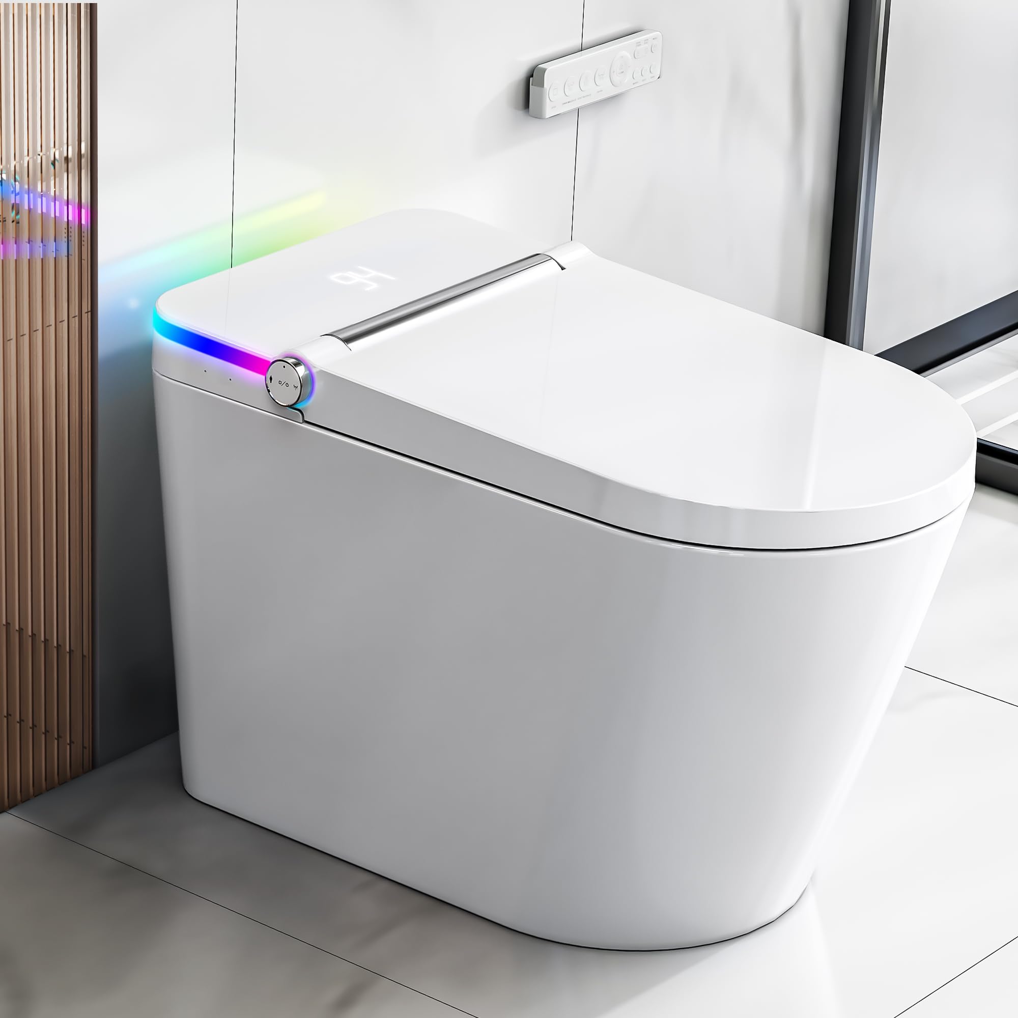 Tankless Smart Toilet with Built-In Bidet, Heated Seat, Warm Water and Dry, Simple Installation, with Foot Sensor and Night Light, Auto Flush, Auto Open & Close Lid, Wireless Remote Control