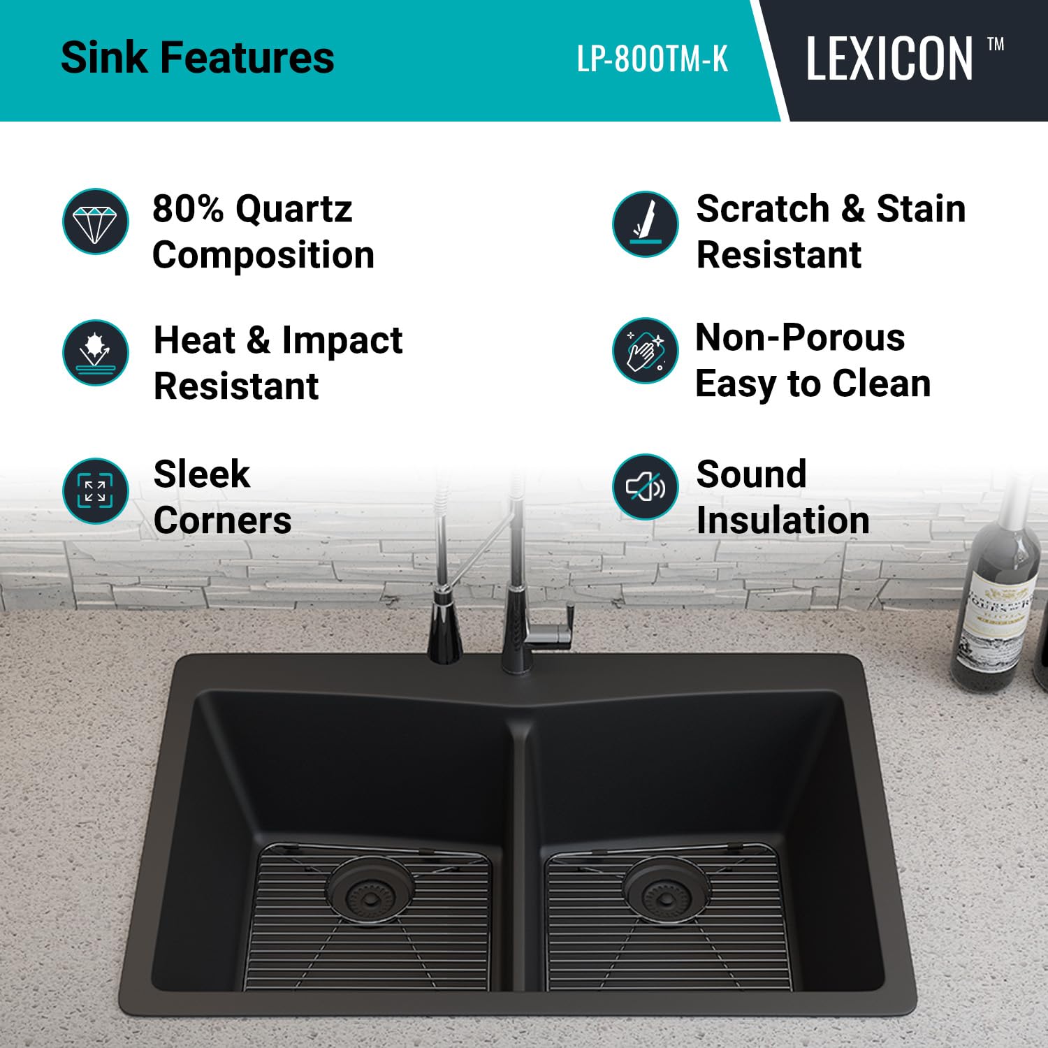 33" x 22" Quartz Kitchen Sink, Double Bowl Kitchen Sinks, Drop in sink, Undermount Sink, Galaxy Black Kitchen Sink, Double Sink Kitchen, Grids, Strainer and Flange, Lexicon Platinum LP-800TM-K