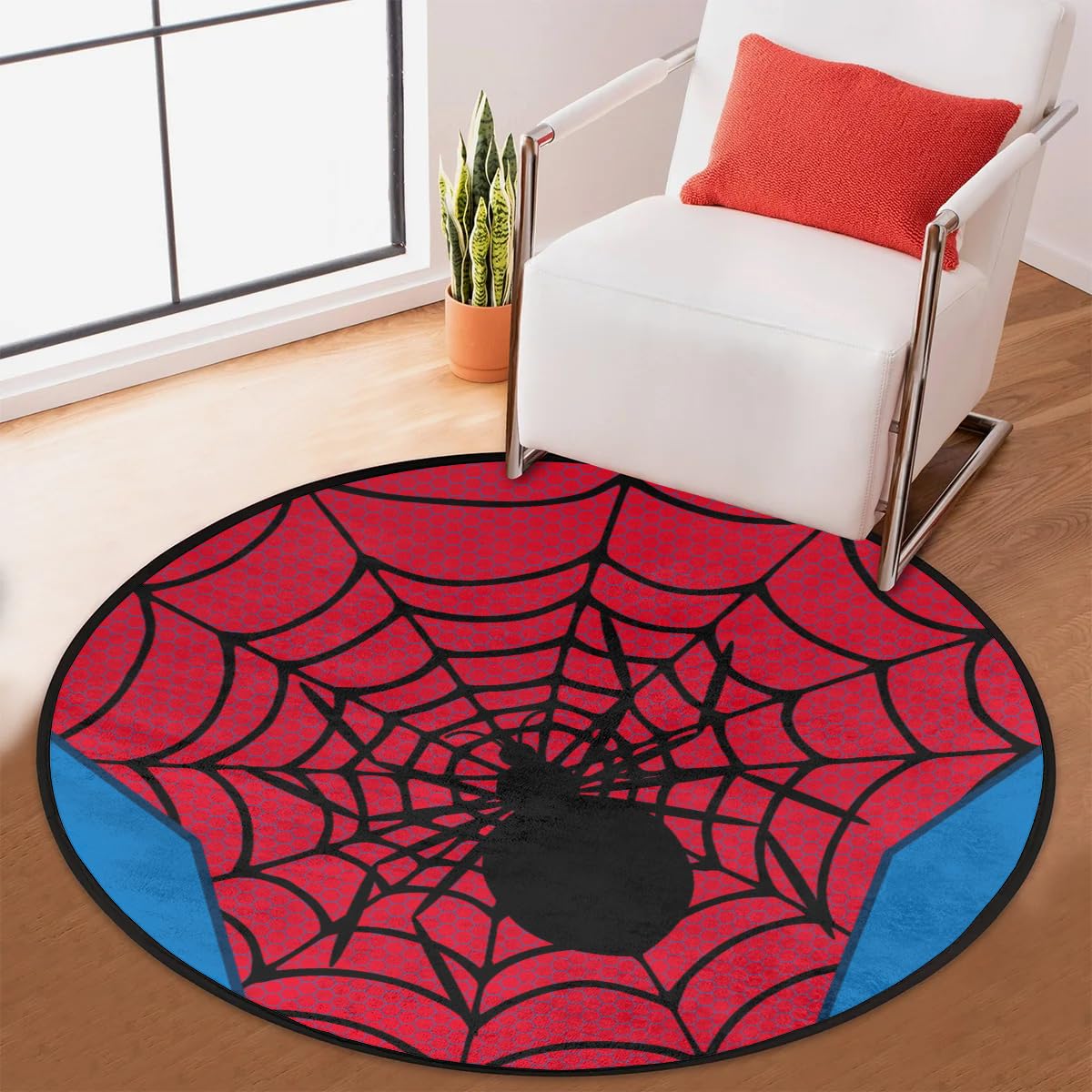 Red Spider Web Round Area Rug Large Aesthetic Area Rugs for Kids Room Nursery Decorations, 3 ft Diameter Cool Non-Slip Doormat Floor Carpet Decor