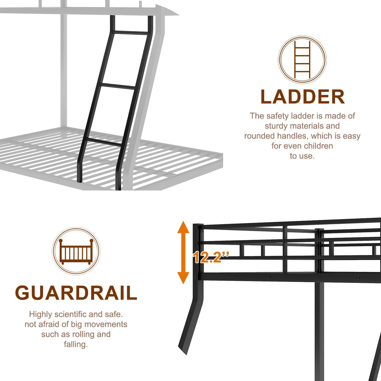 ROCKINGRUN Metal Bunk Bed Twin Over Full Size, Heavy Duty Twin Over Full Bunk Beds with Safety 12.2" Full Length Guardrail and Sturdy Ladder for Adults,Teens,Kids,No Box Spring Needed,Black