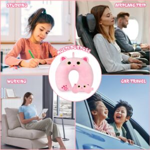 Prewplam Travel Neck Pillow for Kids, Cute Cat Pillow with Eye Mask for Sleeping Journey, U-Shaped Neck Pillow for Traveling,Rest Neck Support for Long Flights Cars,Birthday Gifts(Pinks)