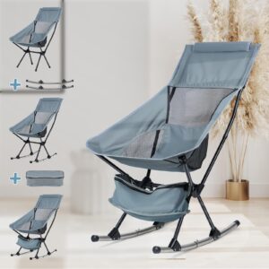 Oversized Folding Rocking Camping Chair with Storage Bag, Adult Heavy Duty Camping Chair, Outside Folding Rocking Chair for Patio, Lawn and Outdoors, Supports 253Lbs