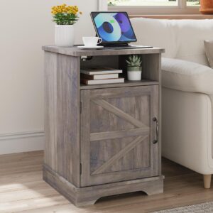 smart fendee farmhouse nightstand with charging station, beside table with barn door, modern end side table with storage for bedroom, office, grey