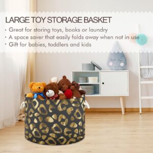 Krafig Gold Leopard Print Pattern Round Collapsible Storage Basket, Large Toy Storage, Laundry Baskets, Open Home Storage Bins for Toy Organizer, Home Decor, Clothes, Toys