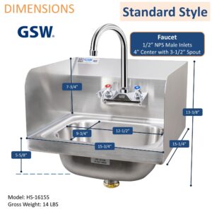 GSW HS-1615S Standard 16" x 15" Commercial Stainless Steel Wall Mount Hand Sink with Gooseneck Faucet and Side Splashguards for Restaurants, Kitchens, Garages, Bars