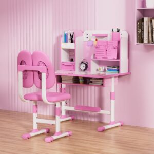 Kids Study Table and Chair Set, 2Pcs/Set Ergonomic Desk Chair with Book Stand, Height Adjustable Children School Study Table Chair Set with Sitting Corrector, Foot Pedal Partition Design (Pink)