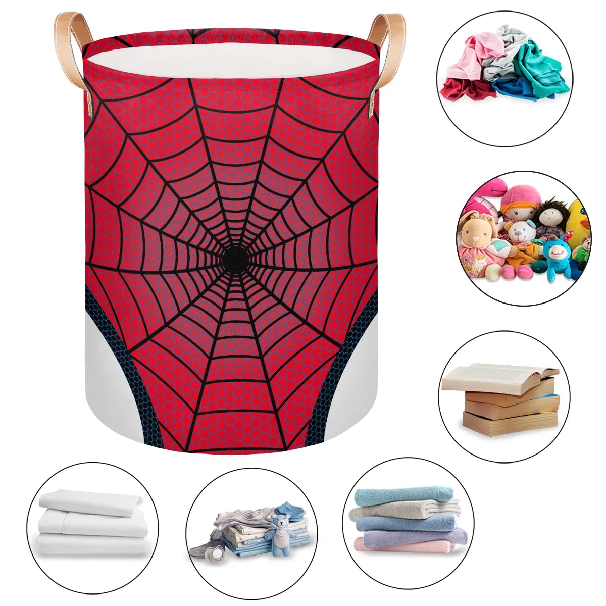 Large Laundry Hamper Basket Red Spider Web Round Collapsible Storage Organizer Bin for Kids, Boys, Nursery, Closet, Bedroom, Playroom, Toys, Dirty Clothes, 16"W x 20"H