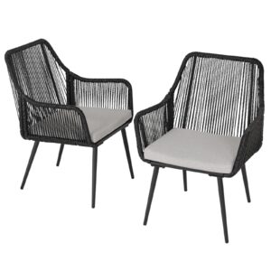 Olaterior Patio Dining Chairs Set of 2, Outdoor Dining Chairs, All-Weather Woven Twisted Wicker Rattan Chair with Armrest and Cushion, Modern Indoor Outdoor Seating for Garden, Lawn, Backyard, Black