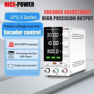 NICE-POWER DC Power Supply Variable 30V 10A, Adjustable Regulated DC Bench Power Supply with Encoder, Output Switch and OCP/OVP, Benchtop Lab Power Supplies with USB-A and Type-C Quick Charge (White)