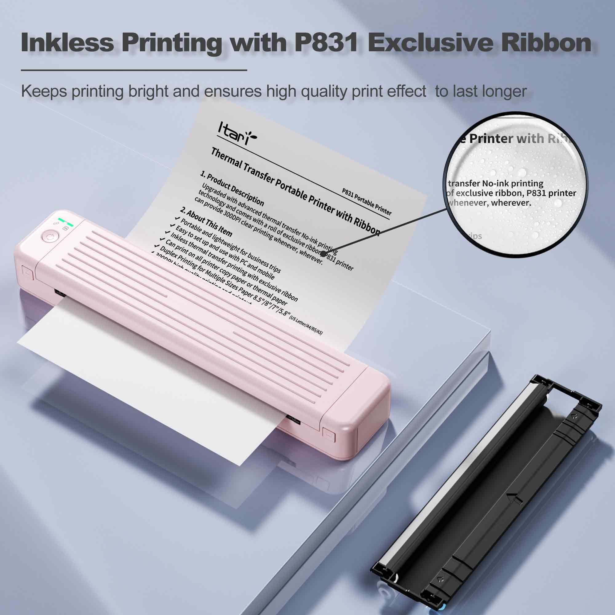 Itari P831 Pink Bluetooth Thermal Transfer Printer, Portable Printers Wireless for Travel, 300DPI Inkless Printer with 2 Roll Exclusive Thermal Transfer Ribbon