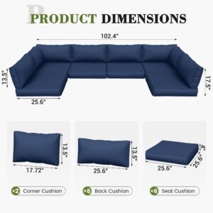 VONZOY Outdoor Furniture Cushions, Replacement Cushions for Patio Furniture Set, 14 Pieces Water-Resistant Patio Sofa Cushions Fits 6-seat Sectional Couch(Navy Blue)