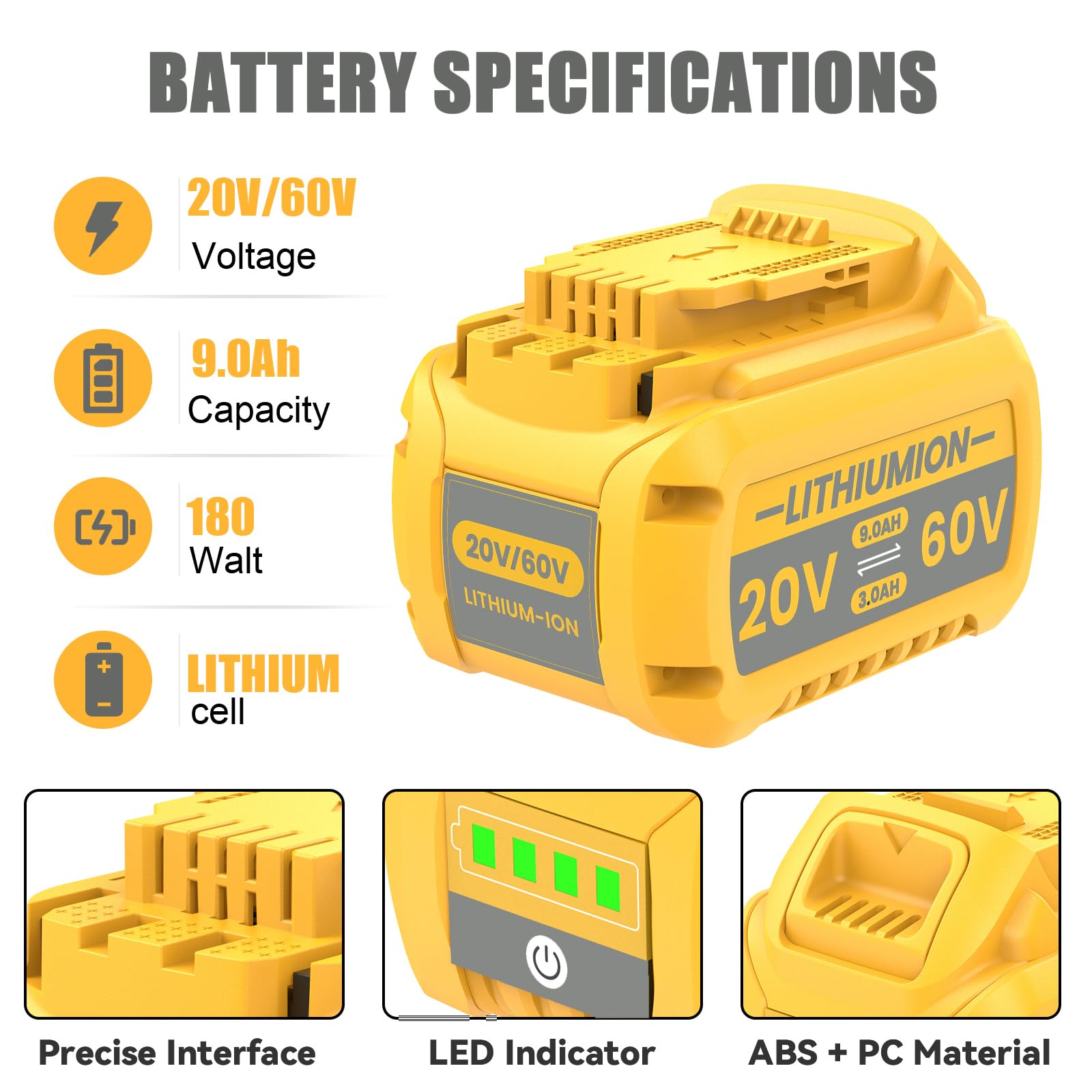 JUNWOOD 1Pack 9.0Ah Replacement for Dewalt 20V 60V Flexvolt Battery Lithium Compatible with DCB606 DCB609 DCB612 DDCB200 DCB201 DCB203 DCB204 DCB206 DCB207 DCB209