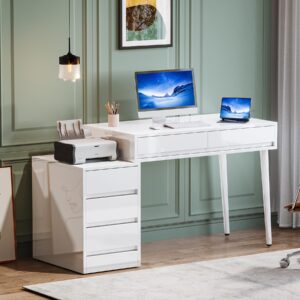 Tribesigns White Desk with 5 Drawers, High Gloss White Modern Home Office Desk with Storage Drawers and Printer Stand, Reversible Computer Desk Vanity Desk for Bedroom, Living Room