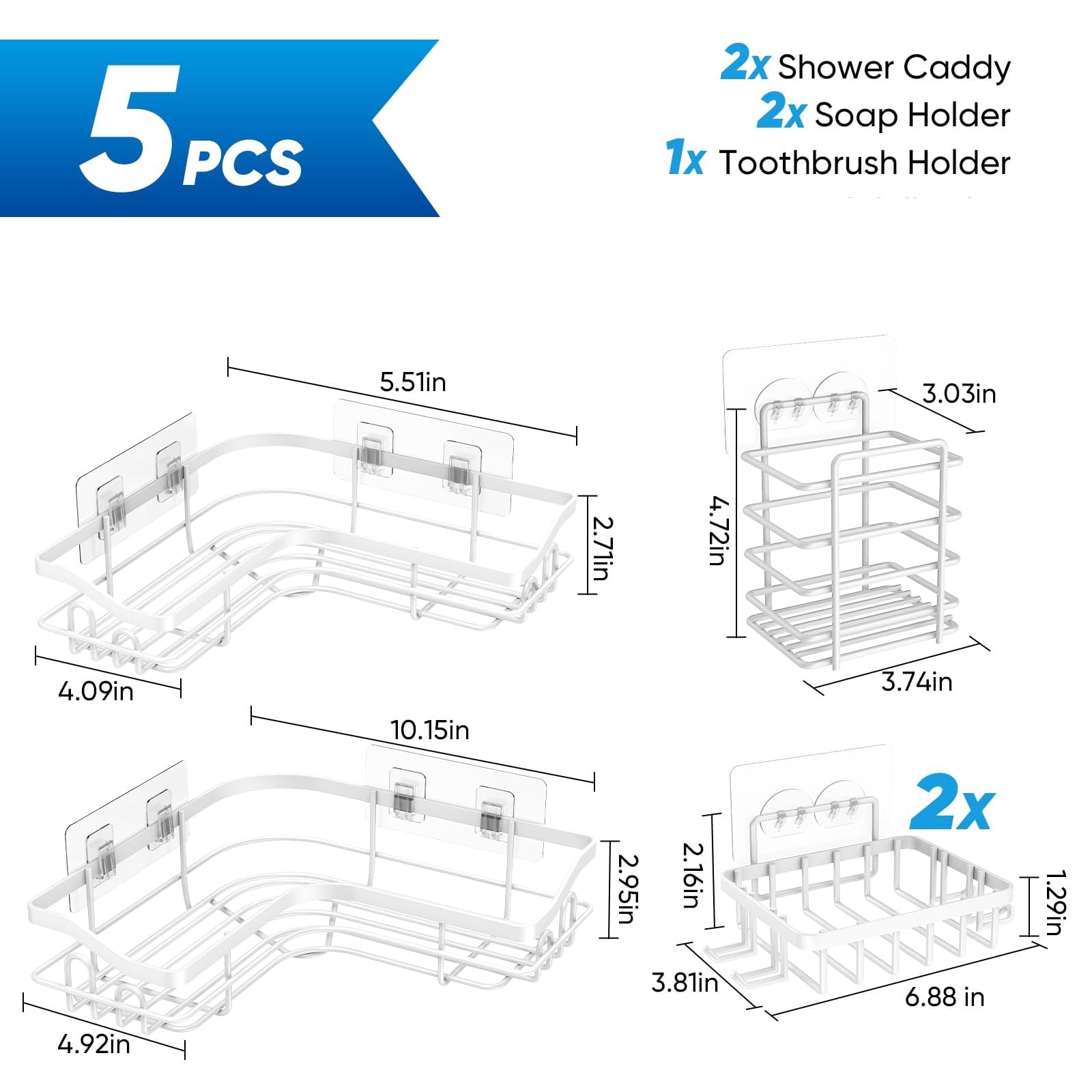 CTRLWQA Shower Caddy 5 Pack,Adhesive Corner Shower Caddy Shower Organizer for Bathroom Storage&Home Decor&Kitchen,No Drilling,Large Capacity,Rustproof Stainless Steel Bathroom Organizer (White)