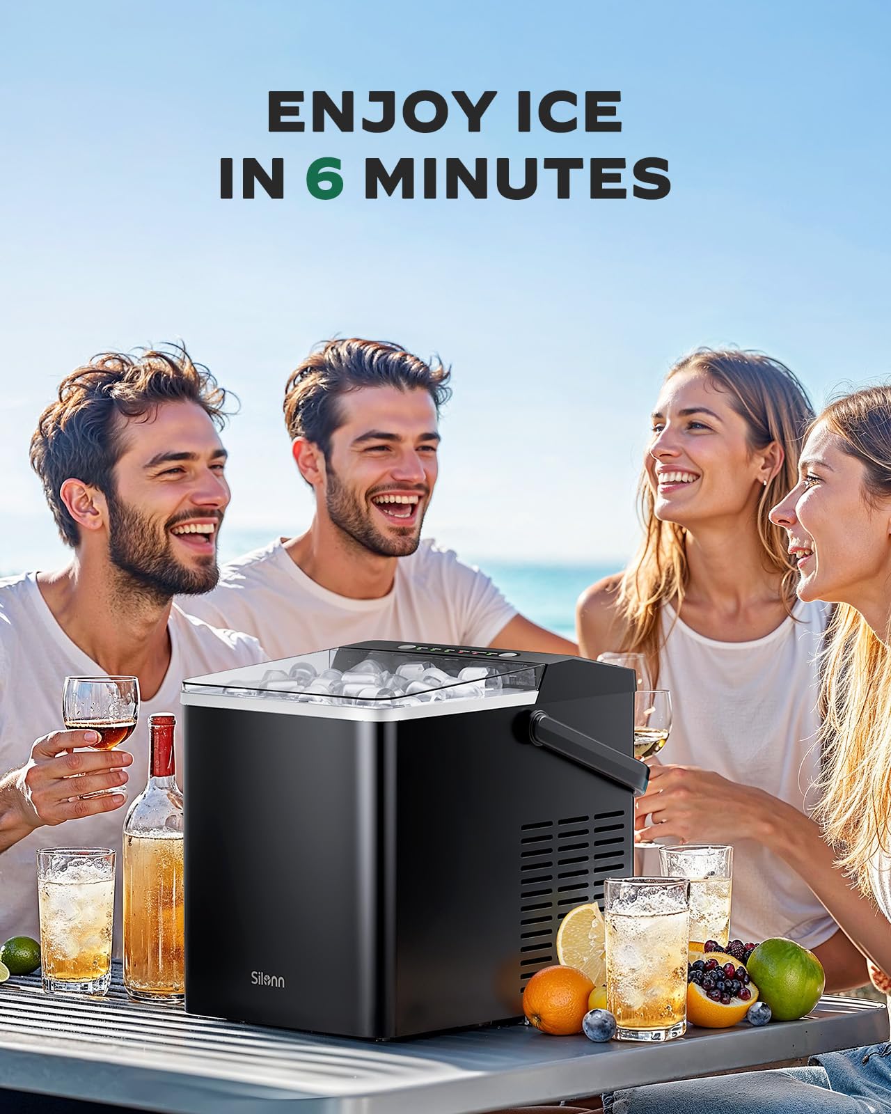 Silonn Ice Maker Countertop, Portable Ice Machine with Carry Handle, Self Cleaning Ice Makers with 1.8 L Water Tank and Big Ice Basket, 9 Cubes in 6 Mins, Ideal for Home Kitchen RV