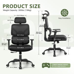 Office Chair Ergonomic Desk Chair, High Back Gaming Chair, Big and Tall Reclining Chair Breathable Mesh Comfy Home Office Desk Chair Lumbar Support Computer Chair Adjustable Arms, 3D Headrest (Black)