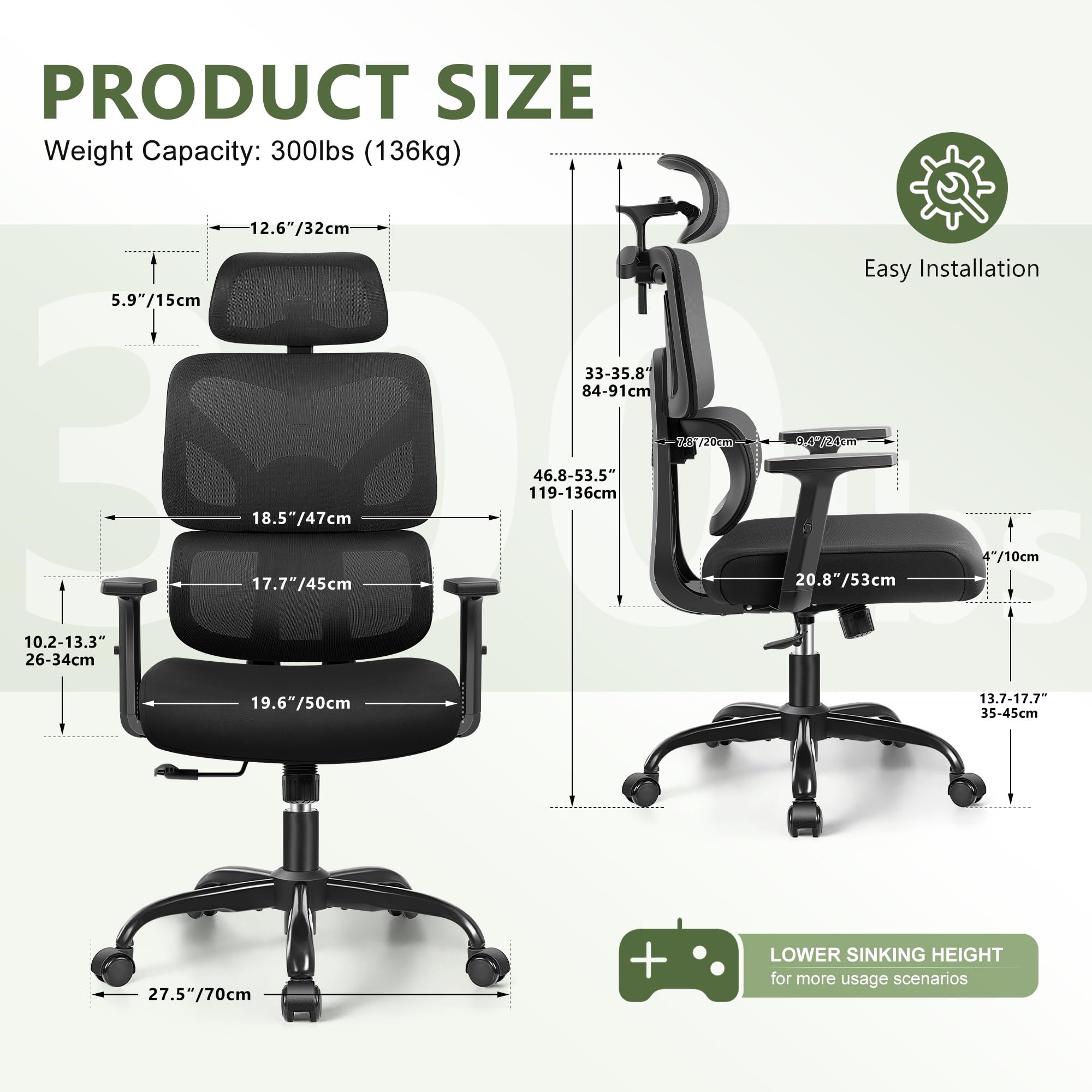 Office Chair Ergonomic Desk Chair, High Back Gaming Chair, Big and Tall Reclining Chair Breathable Mesh Comfy Home Office Desk Chair Lumbar Support Computer Chair Adjustable Arms, 3D Headrest (Black)