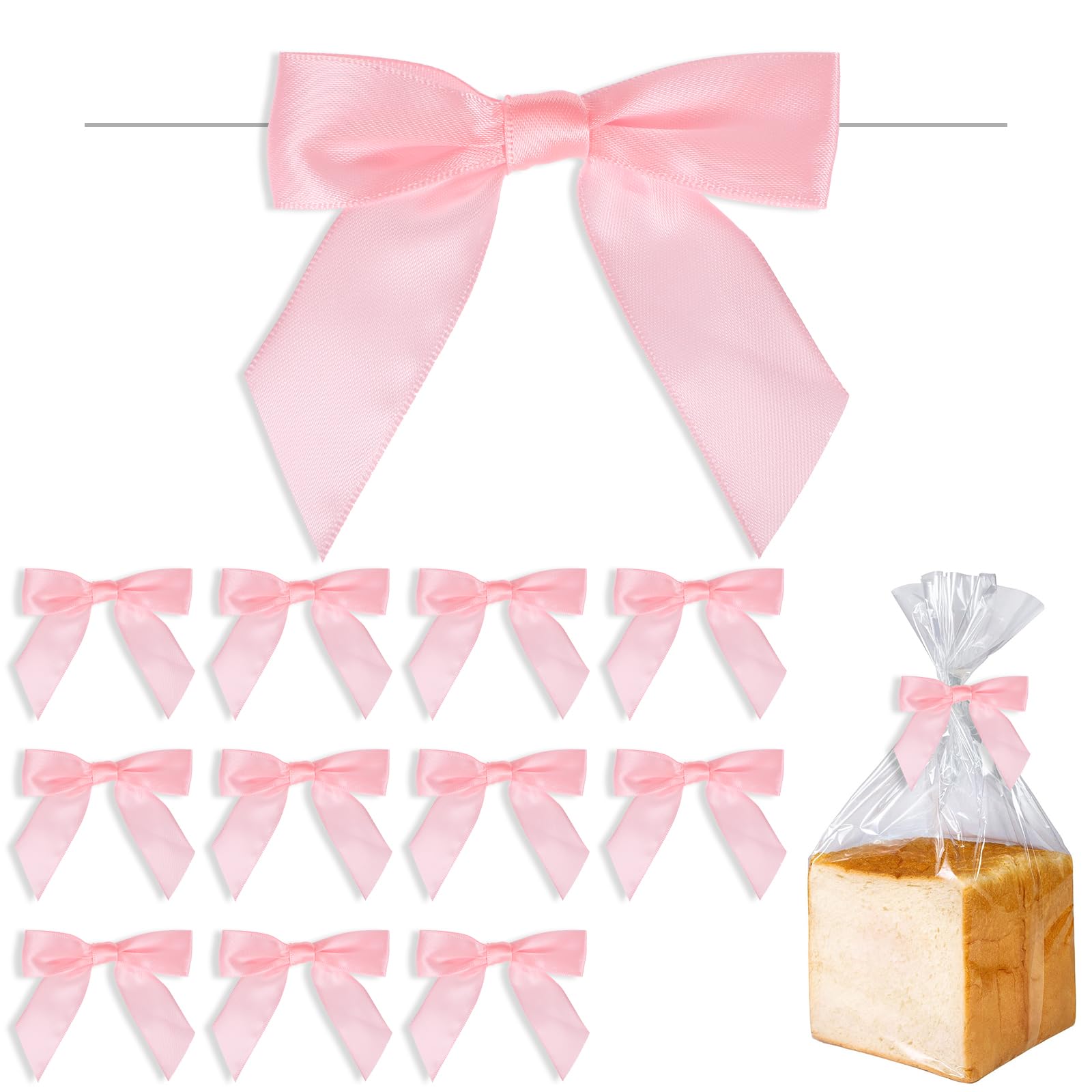 Nogeqi 50 PCS Mini Pink Bows for Crafts Twist Tie Bows for Treat Bags 3.35inch Small Ribbon Bows Small Pink Bows for Gift Wrapping Baby Shower Halloween Christmas Candy Bags Decoration