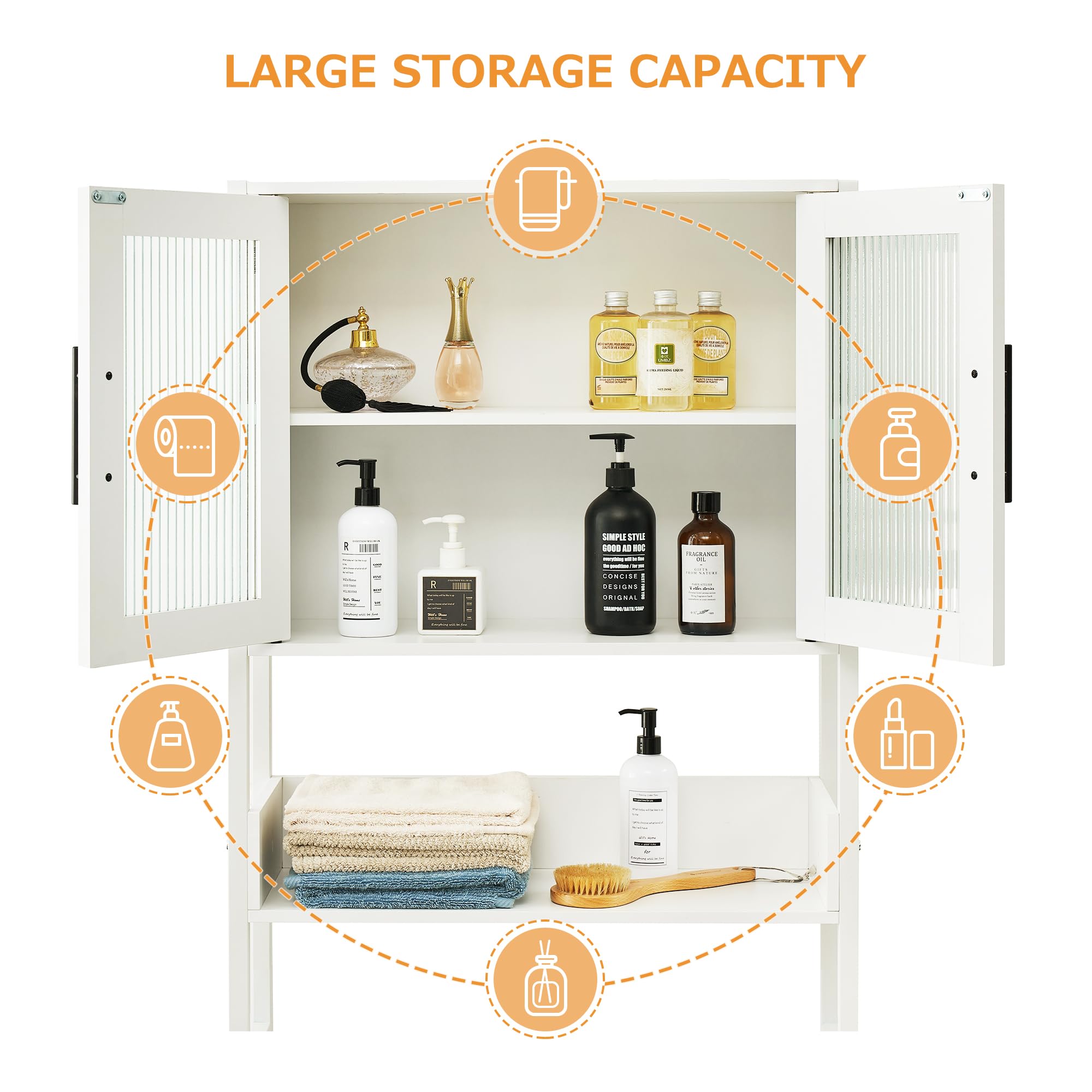 coucheta Bathroom Over-The-Toilet Cabinet with Glass Doors and Adjustable Shelves, Spacious Above Toilet Storage Organizer