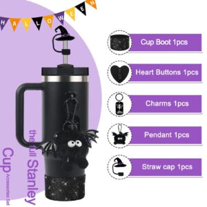 BELSITA Halloween Stanley Cup Accessories Set, Black Cartoon Devil Brid Witch Hat Straw Cap Design Water Bottle Decoration, Silicone Stanley Cup Boot, Stanley Charms for Stanley Cup 30/40oz Tumble