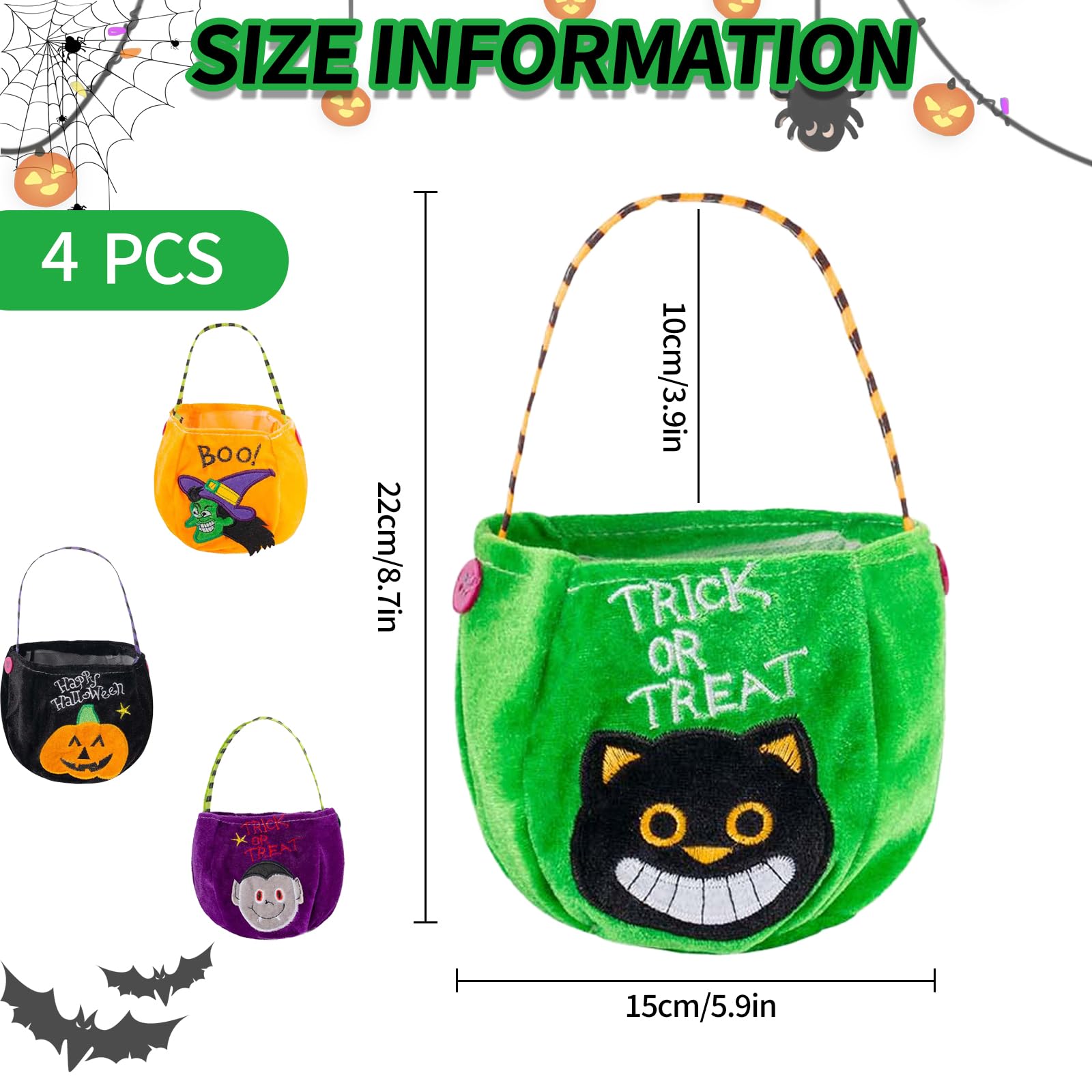 SHBLOMK 4 Pack Small Halloween Wrap Bags with Handles, Halloween Reusable Trick or Treat Candy Bags, Halloween Snacks Goodie Gift Bags Baskets for Party Favor Supplies