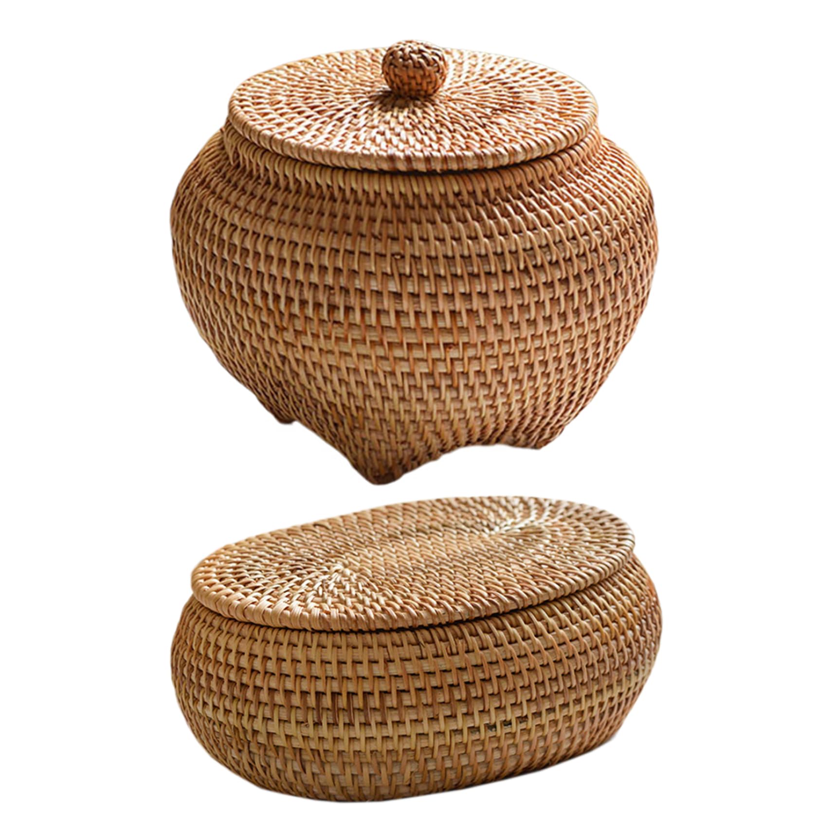 Rattan Box with Lid, 6.3x5.5 Inch Rattan Basket, Hand-Woven Round Woven Basket, Desktop Decorative Box Small Wicker Basket with Lid, Round Woven Seagrass Baskets, Little Handmade Rattan Storage