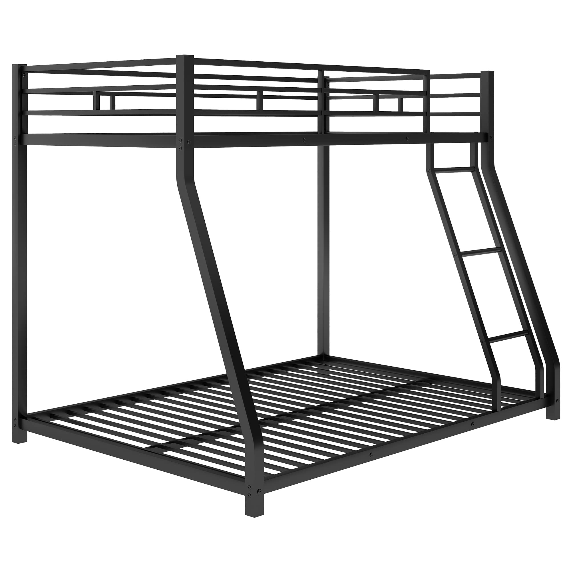 ROCKINGRUN Metal Bunk Bed Twin Over Full Size, Heavy Duty Twin Over Full Bunk Beds with Safety 12.2" Full Length Guardrail and Sturdy Ladder for Adults,Teens,Kids,No Box Spring Needed,Black