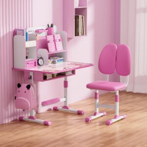 Kids Study Table and Chair Set, 2Pcs/Set Ergonomic Desk Chair with Book Stand, Height Adjustable Children School Study Table Chair Set with Sitting Corrector, Foot Pedal Partition Design (Pink)