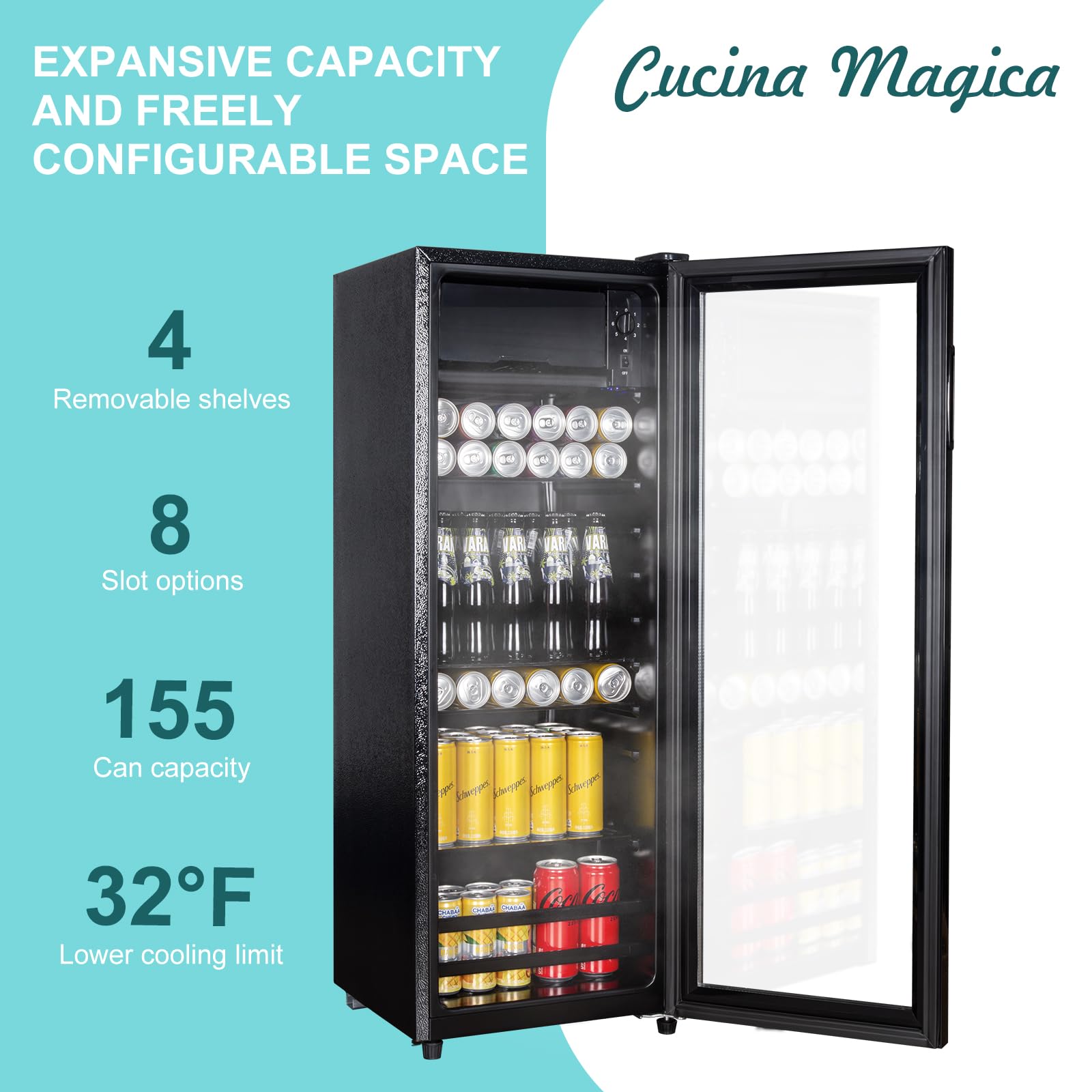 Cucina Magica 4.8 Cu.Ft Beverage Refrigerator, 155 Can Mini Fridge Glass Door, Adjustable Shelves, Drink Fridge, Suitable for Soda, Beer, Essential for Home/Bar