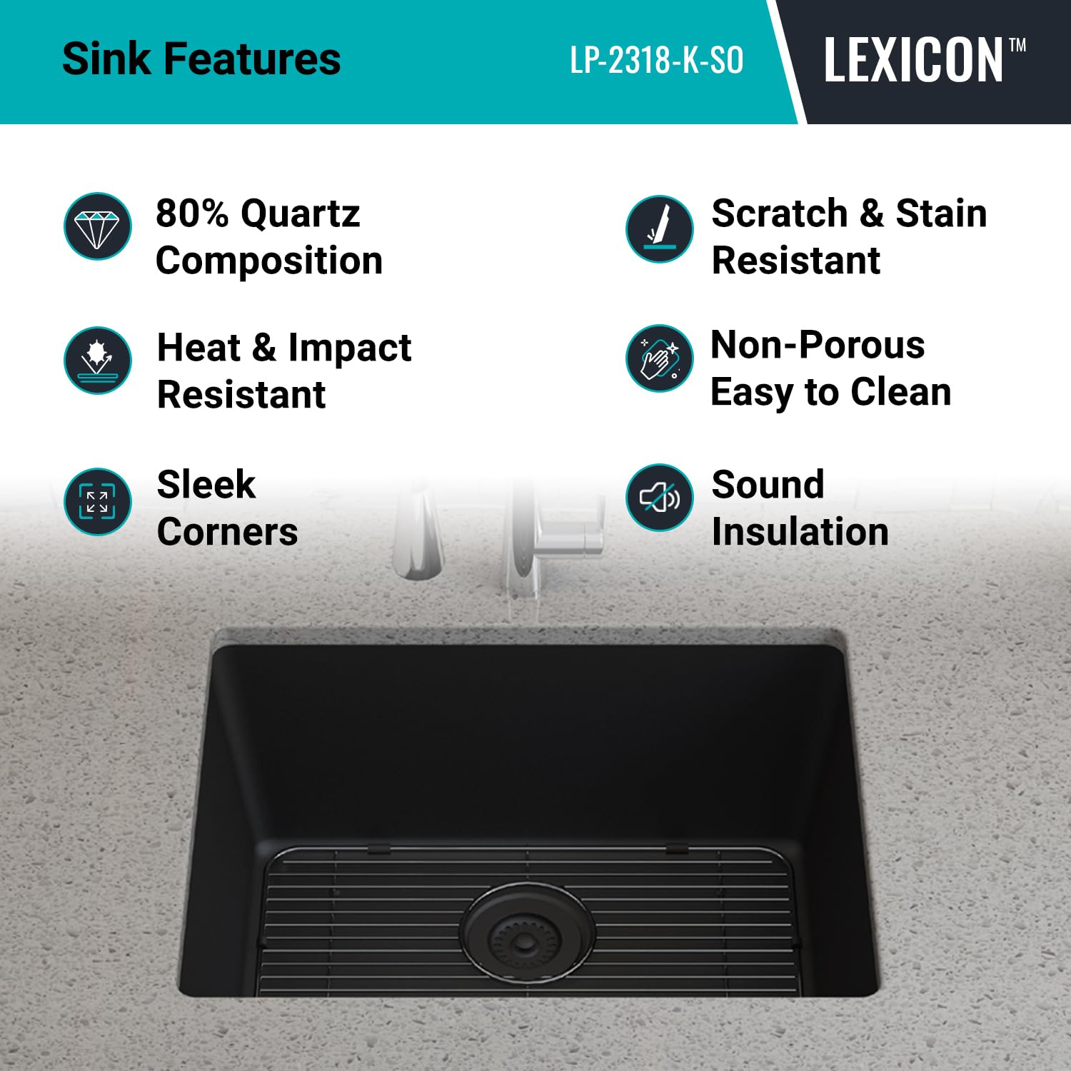 23" x 18" Quartz Kitchen Sink, single bowl kitchen sink,Drop in Kitchen Sink, Granite Composite Kitchen Sink, Undermount Sink, Galaxy Black kitchen Sink, Lexicon Platinum LP-2318-K-SO