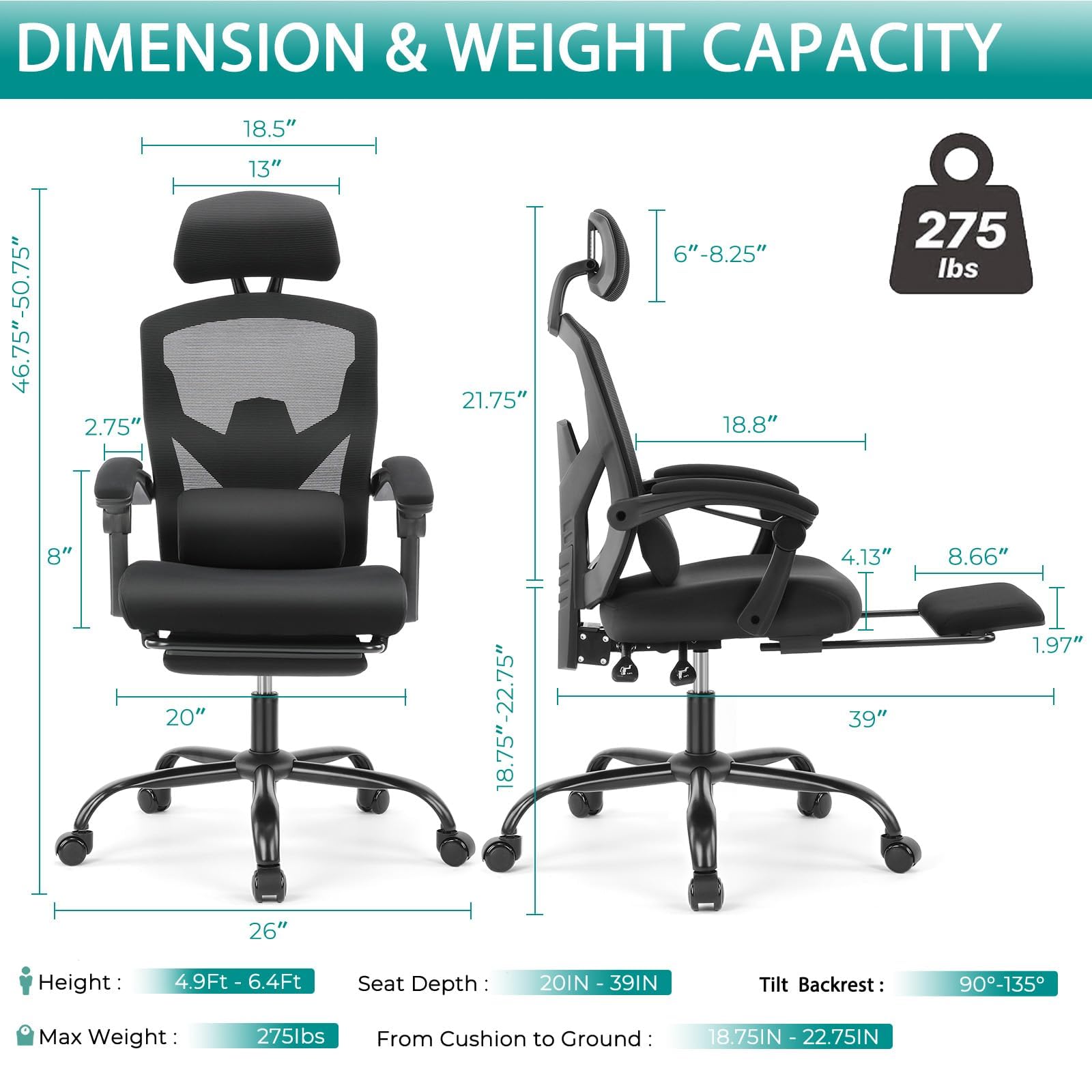 GlasFlength Mesh Ergonomic Office Chair with Foot Rest, Big and Tall Comfy Computer Desk Chair with Adjustable Headrest Backrest, Swivel Executive Desk Chair with Wheels, Black Mesh