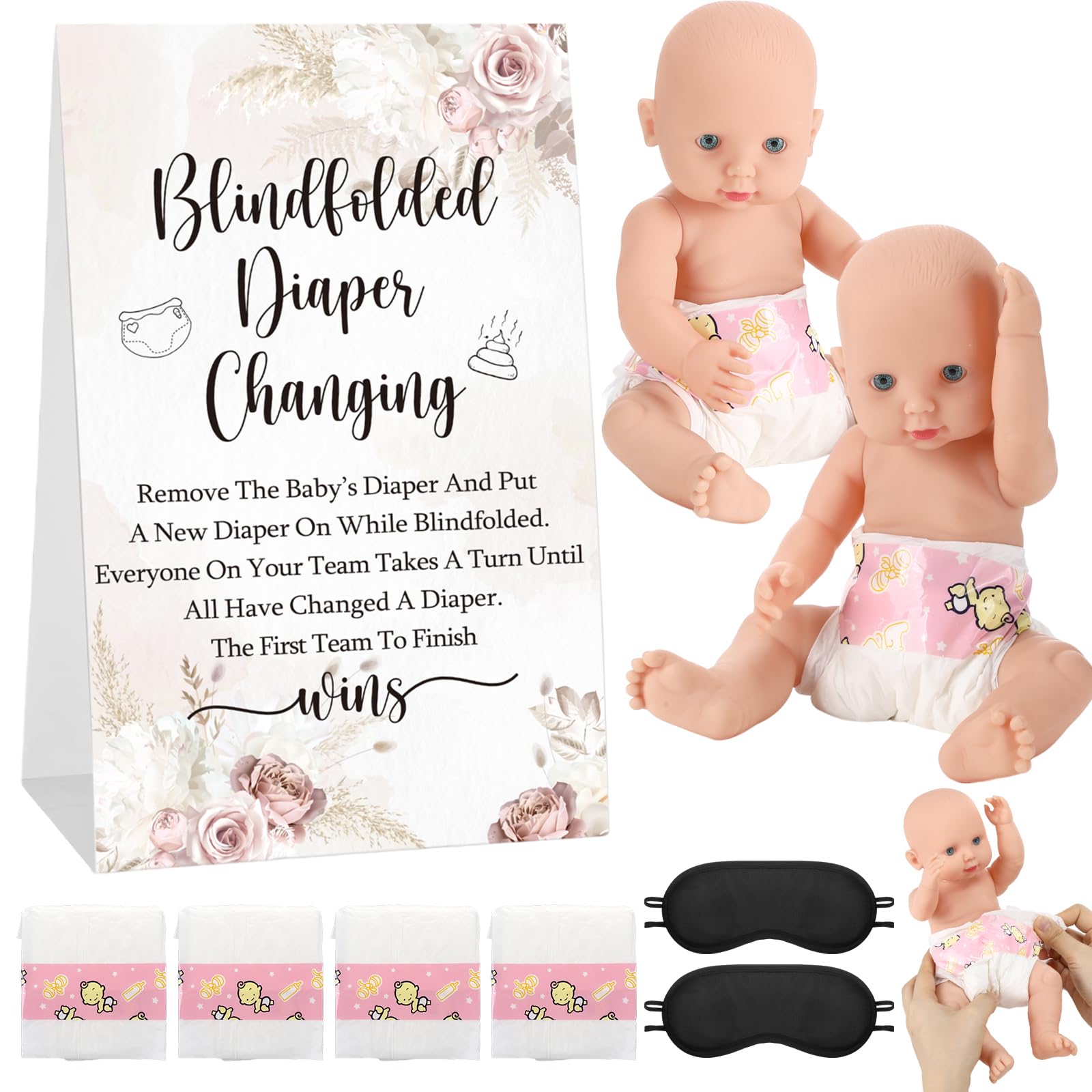 Lineshading 9 Pcs Baby Shower Game Supplies for Blindfold Diaper Changing Baby Dolls with Blindfolds Diapers Baby Changing Diaper Race Game Set for Baby Shower (Rose,Flesh Pink)