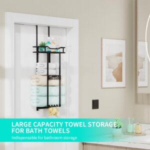 HapiRm Over Door Towel Rack - Towel Racks for Bathroom Wall Mounted Or Over The Door, Towel Holder with Metal Shelf Basket and Hooks Design, Rolled Towel Storage Organizer for Small Bathroom, Black