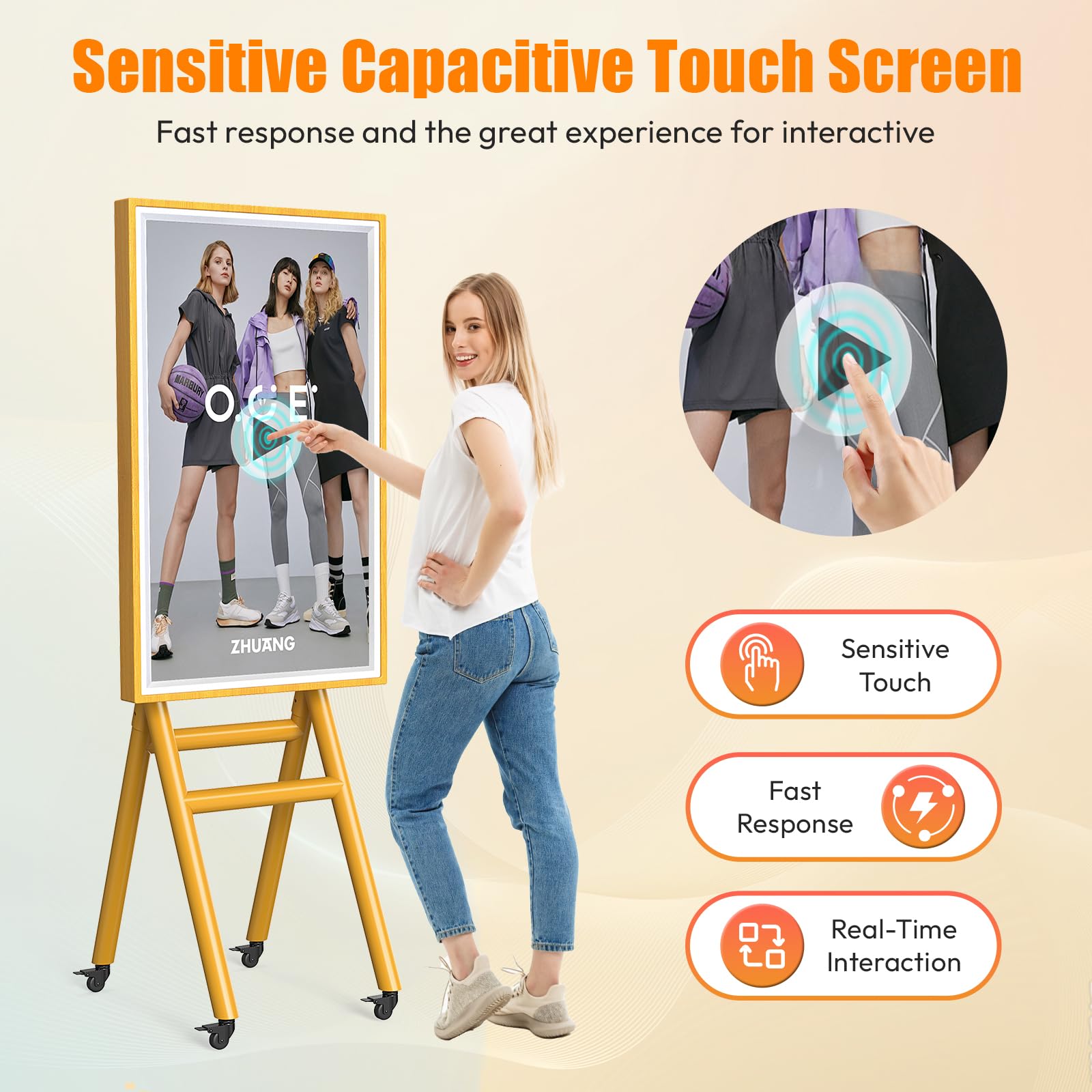 QIXZOCV 43 Inch Wooden Mobile Digital Signage Displays with Flight Case, Capacitive Touchscreen Advertising Display Kiosk, Portable Photo Booth Stand by with Screen Mirroring App Publishing