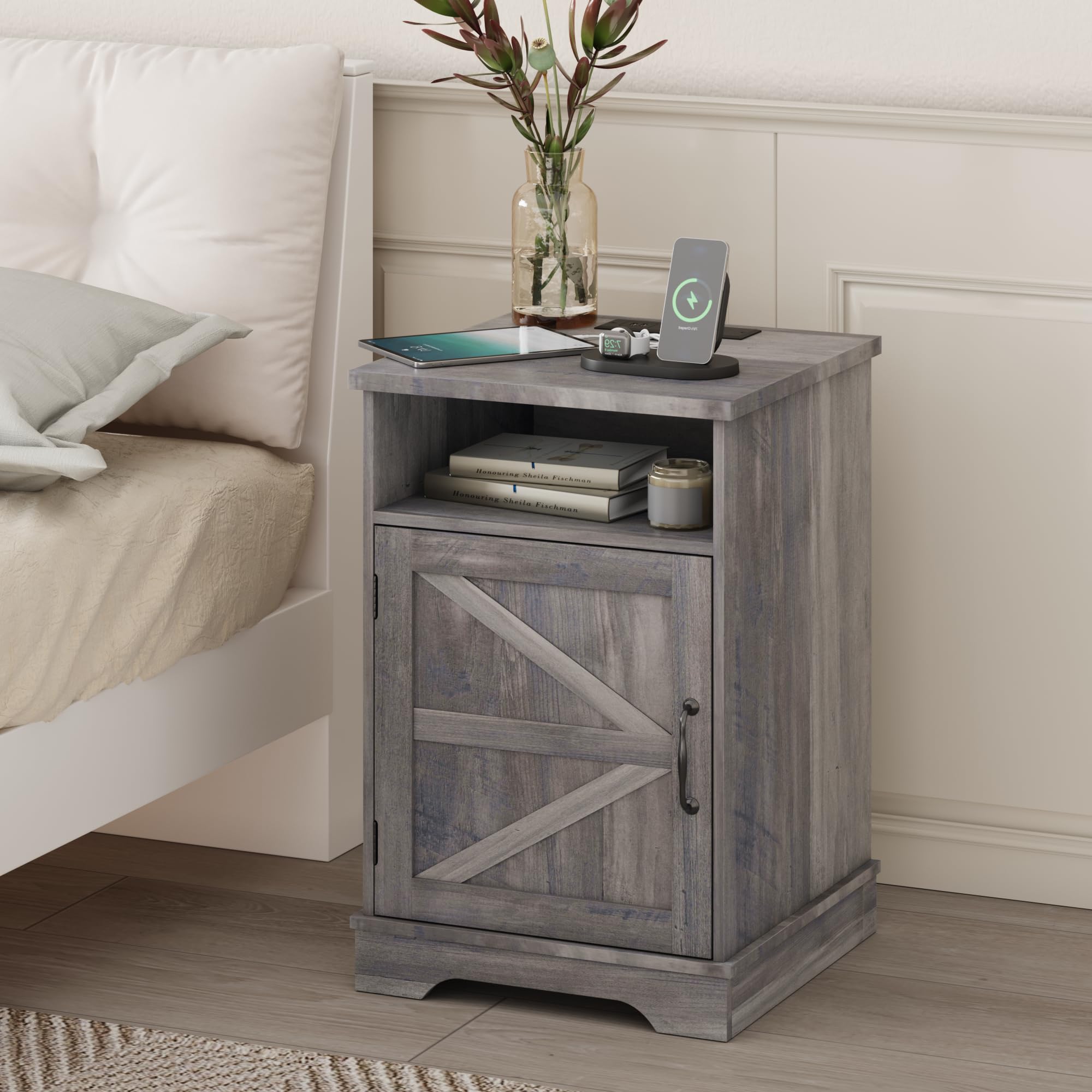 Smart FENDEE Farmhouse Nightstand with Charging Station, Beside Table with Barn Door, Modern End Side Table with Storage for Bedroom, Office, Grey