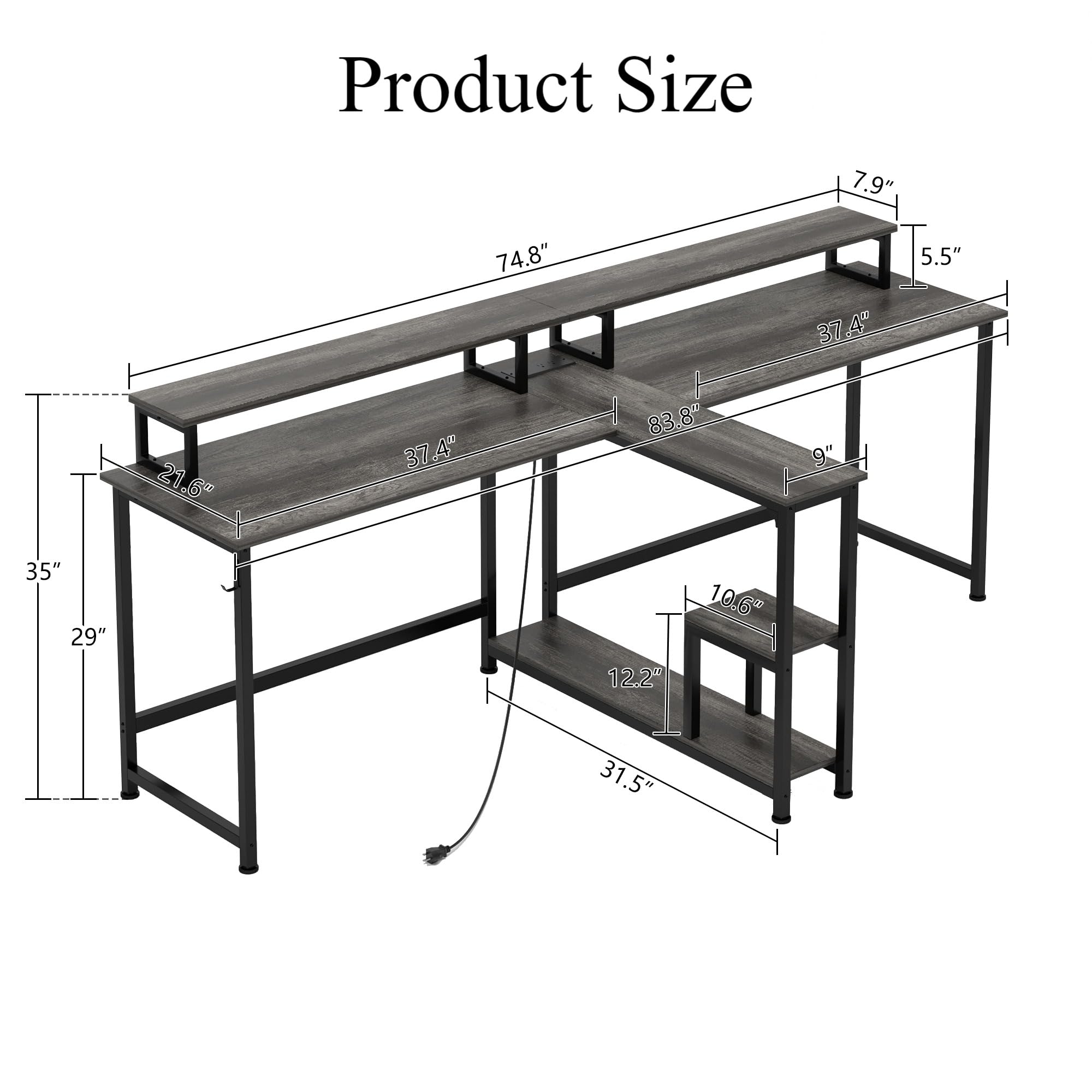 COTUBLR Two Person Desk with Monitor Stand, 83.7 Inch Extra Long Computer Desk 2 Person Desk with Storage Shelves, Double Long Desk Study Writing Desk Workstation for Home Office, Grey Oak