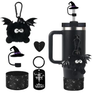 belsita halloween stanley cup accessories set, black cartoon devil brid witch hat straw cap design water bottle decoration, silicone stanley cup boot, stanley charms for stanley cup 30/40oz tumble