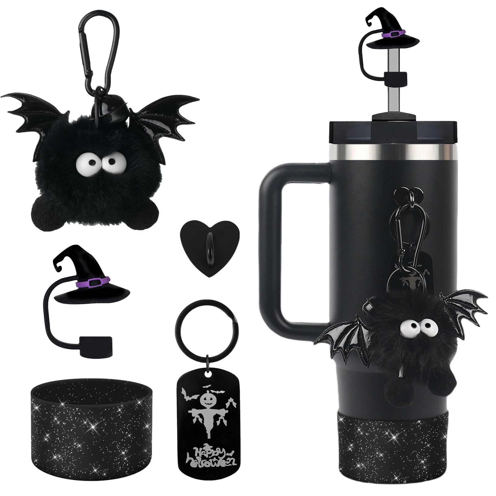 BELSITA Halloween Stanley Cup Accessories Set, Black Cartoon Devil Brid Witch Hat Straw Cap Design Water Bottle Decoration, Silicone Stanley Cup Boot, Stanley Charms for Stanley Cup 30/40oz Tumble