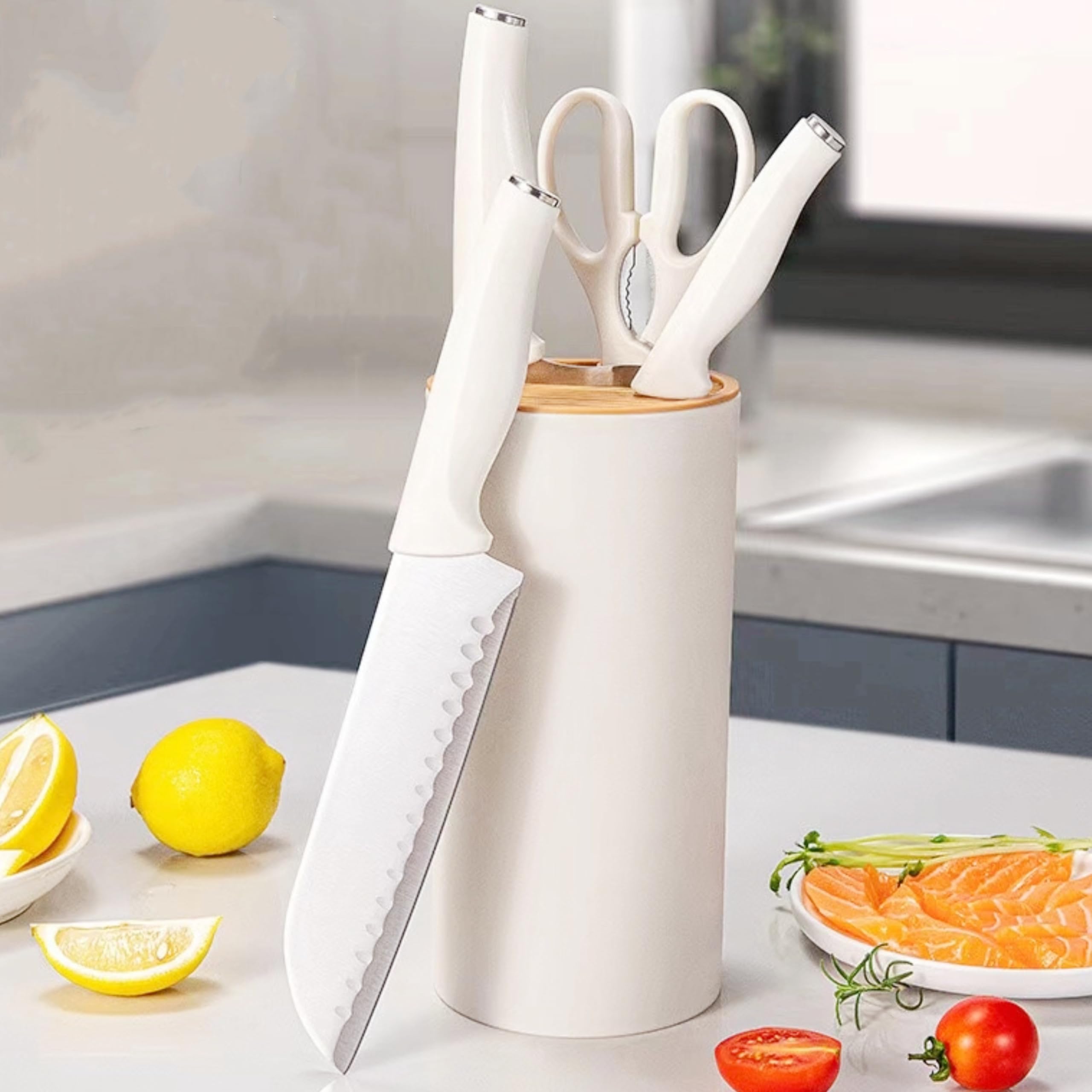 White Knife Block Set, 4PCS Kitchen Knife Set with Block for Home Restaurant, Dishwasher Safe, Non-Stick SUS Material, Nice Gift for Family, Friends